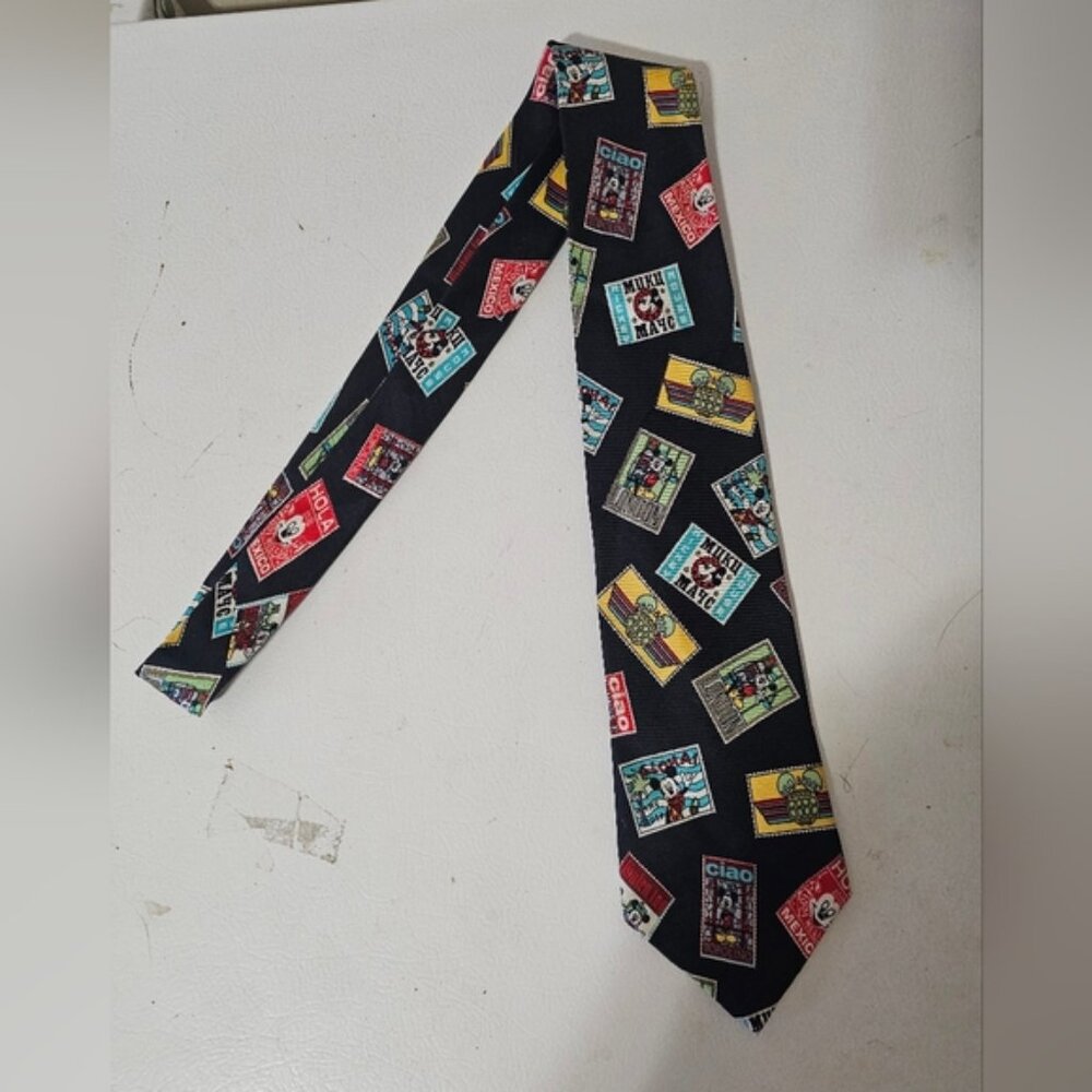 Balancine Disney Mickey Mouse Stamps Around the World Print Silk Necktie